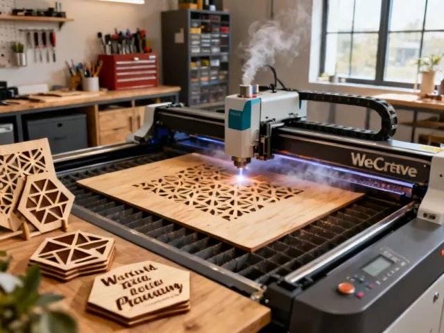 WeCreate Laser engraver cutting intricate designs in a modern workshop
