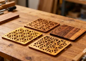 Laser cut wooden coasters with geometric patterns