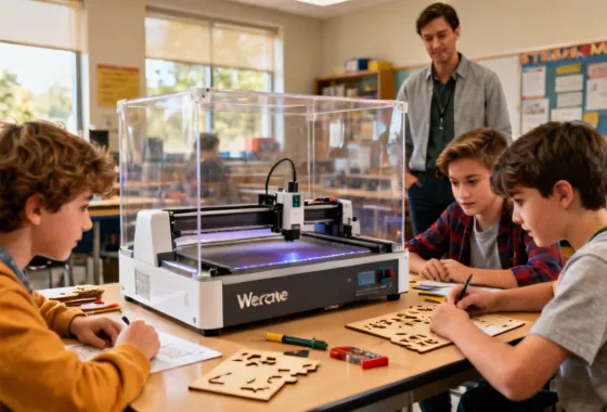 Students using a laser engraver in a STEAM classroom
